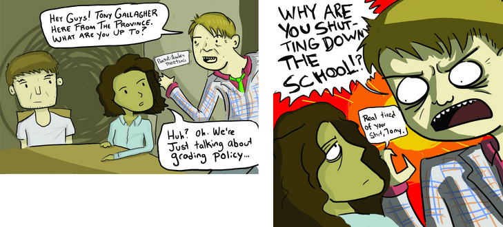 A 2013 Ubyssey editorial comic on the media-led controversy surrounding the Athletics review. Courtesy David Marino.